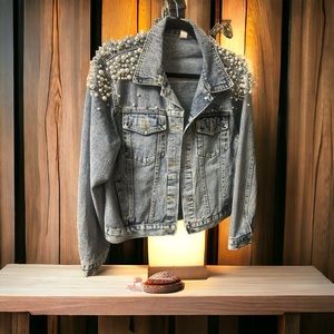 LifeShe Women's Embroidered Pearl Denim Jean Jacket Coat Size Small
